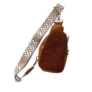 Tan Faux Leather & Sherpa Chevron & Tan Leather Adjustable Straps Sling Belt Bag